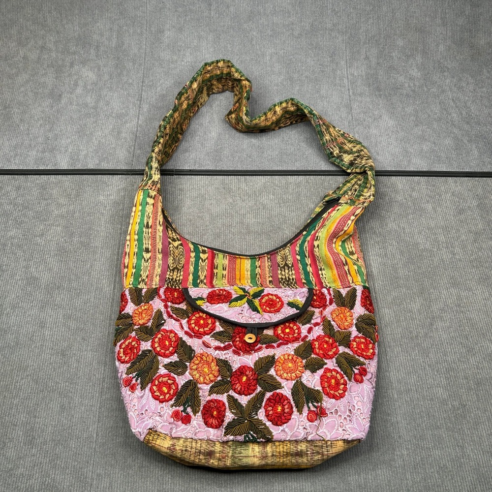 Vintage guatemala Floral Embroidered Multicolor Woven Plaid ShoulderBag